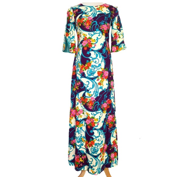 Vintage 60s Hawaiian Floral Barkcloth Maxi Dress - Picture 1 of 15